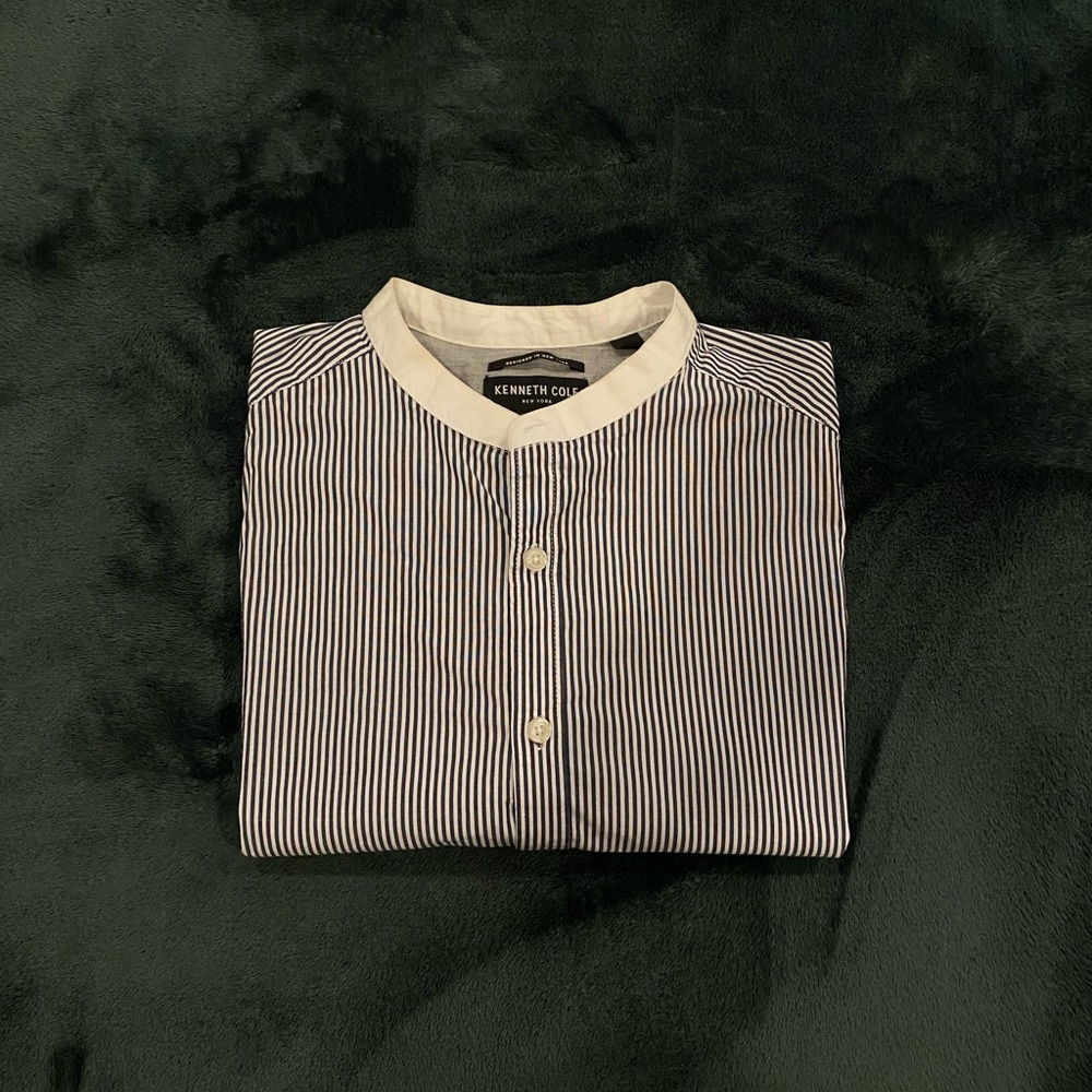 KENNETH COLE Pinstripe Mandarin Collar Short Sleeve